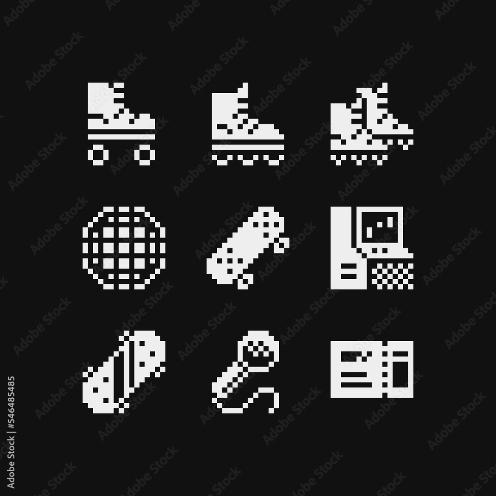 Wall mural Pixel art icons set, emoji. Retro 80s pixel art. Flat style. Old school computer graphic design. 1-bit sprite. Game assets. Isolated vector illustration.