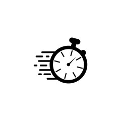 Quick time logo, fast deadline. Fast flying time, round clock icon isolated on white background