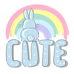 Cute little bunny on rainbow and text slogan Cute rabbit hand drawn illustration vector isolated background