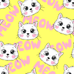 Abstract seamless childish pattern. Girlish repeated backdrop on white background with text meow and cats. Cute funny kitty style Cartoon wallpaper for girls, textile, wrapping paper.