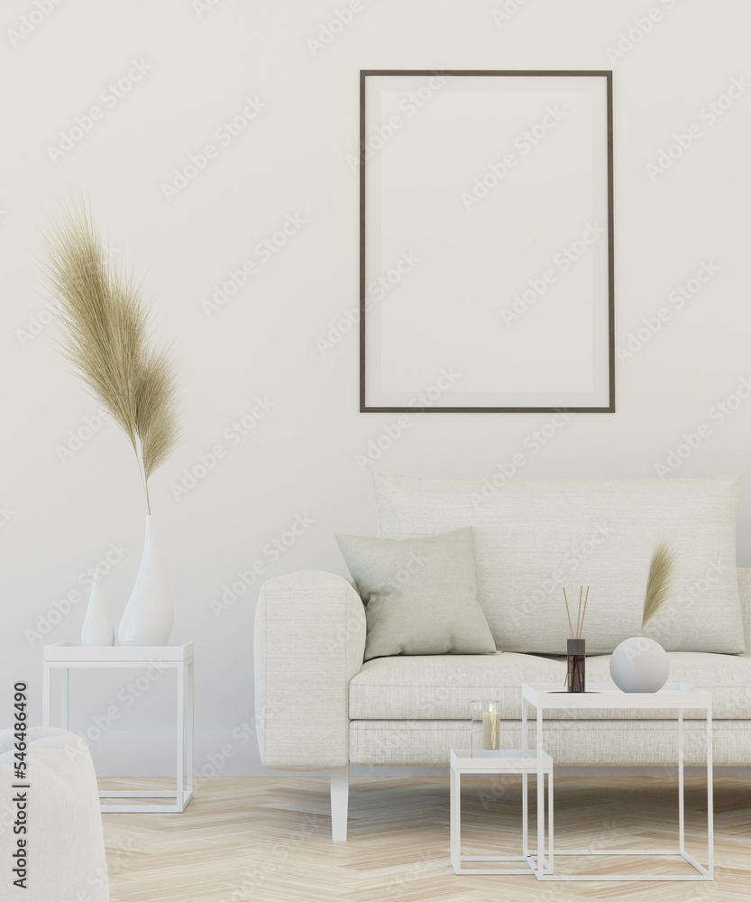 Poster empty studio room loft apartment background with couch, table and blank picture frame 3d render illu