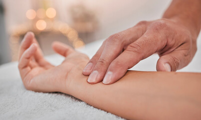 Obraz na płótnie Canvas Spa, wellness and hands massage wrist for health, relaxation and pressure relief service zoom. Acupressure, physical therapy and relaxing luxury treatment with professional beauty salon therapist.