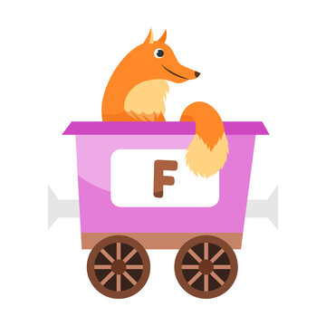 letter F, fox. Cute animal in colorful alphabet train. Vector illustration of learning toy for preschool children. Cartoon animals sitting in transport