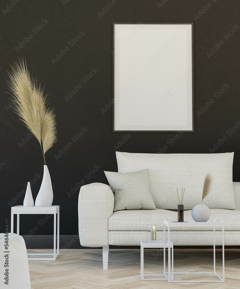 Poster empty studio room loft apartment background with couch, table and blank picture frame 3d render illu