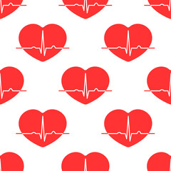 Medical seamless pattern. Red hearts with pulse line on white background. Best for textile, clinic decor, wallpapers, wrapping paper, package and web design.