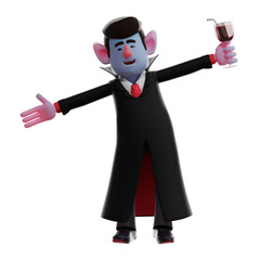  3D illustration. 3D Vampire Dracula character showing happy expression. with a pose stretching both arms to the side. showing a happy face. 3D Cartoon Character