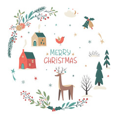 Christmas landscape in circular shape with reindeer, cute decorated houses, pine trees, stars, cloud, bird and floral branches. Christmas eve concept. Retro vector illustration