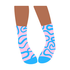 Pair of female legs in blue with wavy pattern socks vector illustration. Feet of girls in trendy stockings or underwear