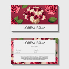 Set of templates postcards for shops, cards, promotion, Valentine's day. Vector illustration of roses, rose baskets, leaves, white copy-space on dark pink isolated on white.