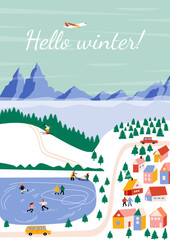 Hello winter! Landscape, mountains, ice rink, spruces,  lake, snow,  cozy houses, people, cars. Vector border, frame. Perfect for a postcard or poster