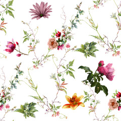 Watercolor painting of leaf and flowers, seamless pattern on white background - 546487898