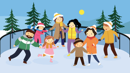 children and adults ride on the skating rink