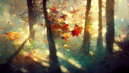 Beautiful and Mystery Deep Forest and Trees. Creative Fantasy Backdrop Concept Art Realistic Illustration Video Game Background. Digital Painting CG Artwork. Scenery Artwork Serious Book Illustration

