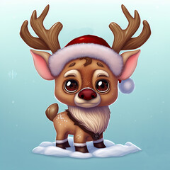 Cute chibi christmas red nosed reindeer, wearing christmas decorations 