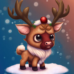 Cute chibi christmas red nosed reindeer, wearing christmas decorations 