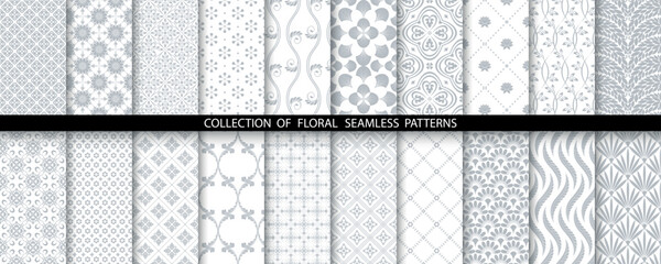 Geometric floral set of seamless patterns. White and gray vector backgrounds. Simple illustrations.
