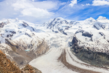 Magnificent panorama of the Pennine Alps with famous Gorner Glacier and impressive snow capped...