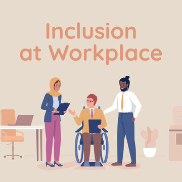Inclusion at workplace card template. Job for disabled people. Editable social media post design. Flat vector color illustration for poster, web banner, ecard. Quicksand Bold font used