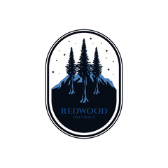 Tree redwood vintage outdoor logo vector design, woodland, and mountain in night illustration design, suitable for adventure logo.