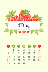 May calendar 2023. Strawberry fruit. Week starts on Sunday. English template