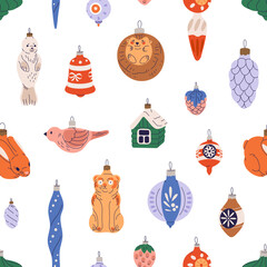 Retro Christmas baubles pattern. Seamless Xmas background with ornament, decoration in old vintage style. New Year toys repeating print. Colored flat vector illustration for holiday wrapping, textile