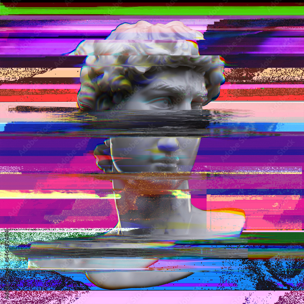 Poster abstract glitch art digital illustration from 3d rendering of white marble sliced in two pieces and 