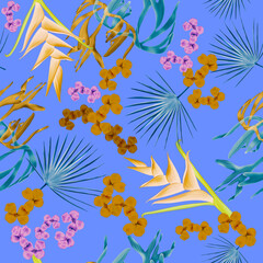 Seamless pattern with Tropical flowers and leaves design. Stylish trendy fashion floral pattern - 546492493