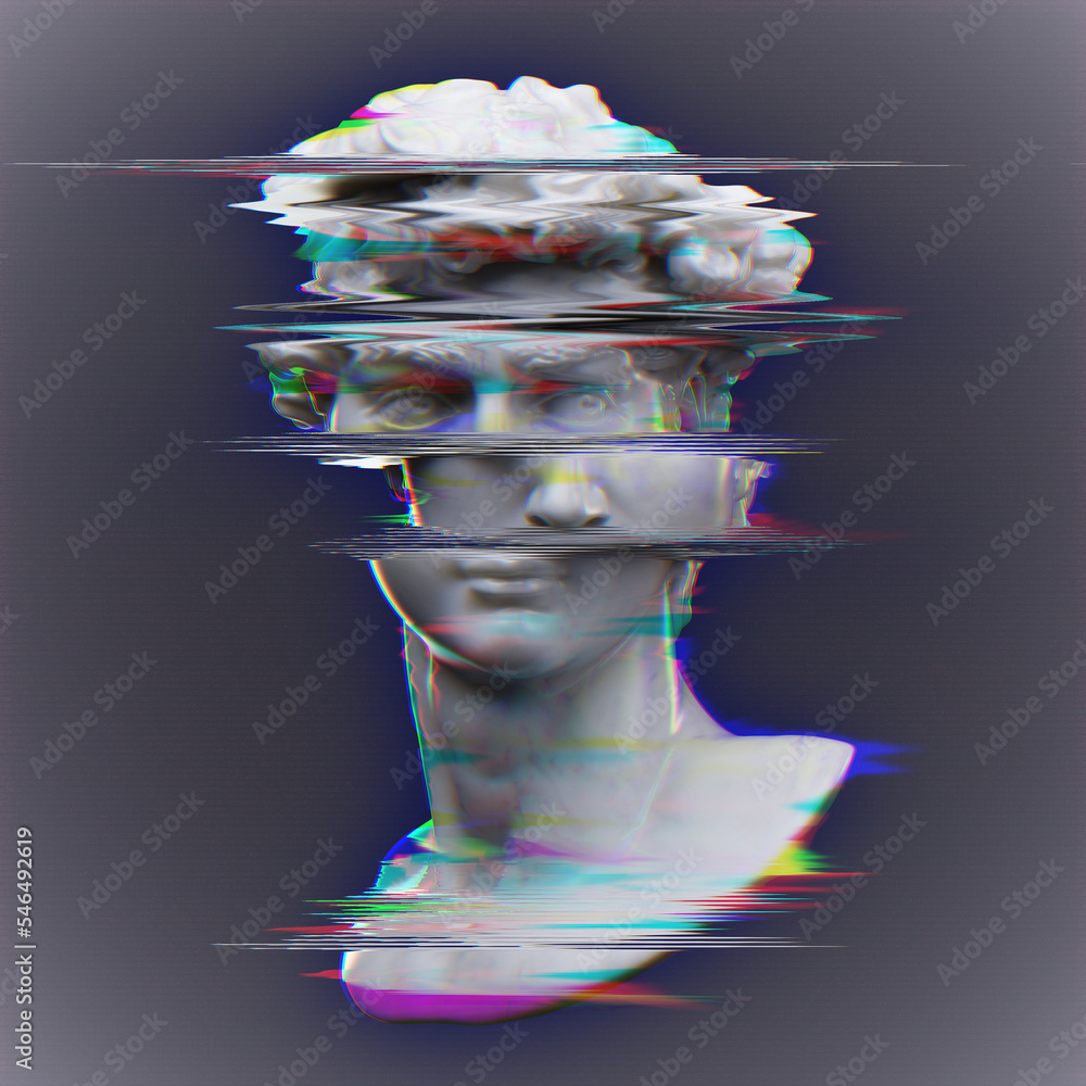 Fototapete abstract glitch art digital illustration from 3d rendering of white marble classical bust sliced in 