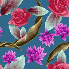Seamless pattern with Tropical flowers and leaves design. Stylish trendy fashion floral pattern - 546492697