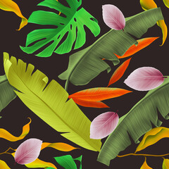 Seamless pattern with Tropical flowers and leaves design. Stylish trendy fashion floral pattern - 546492871