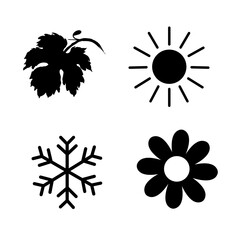 Four seasons icon set. 4 Vector graphic element illustrations representing winter, spring, summer, autumn. Snowflake, flower, sun and maple leaf