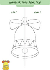 Draw and color a bell. Handwriting practice sheet for both hands, kids preschool activity, development children game, left and right hemispheres of the brain, vector illustration