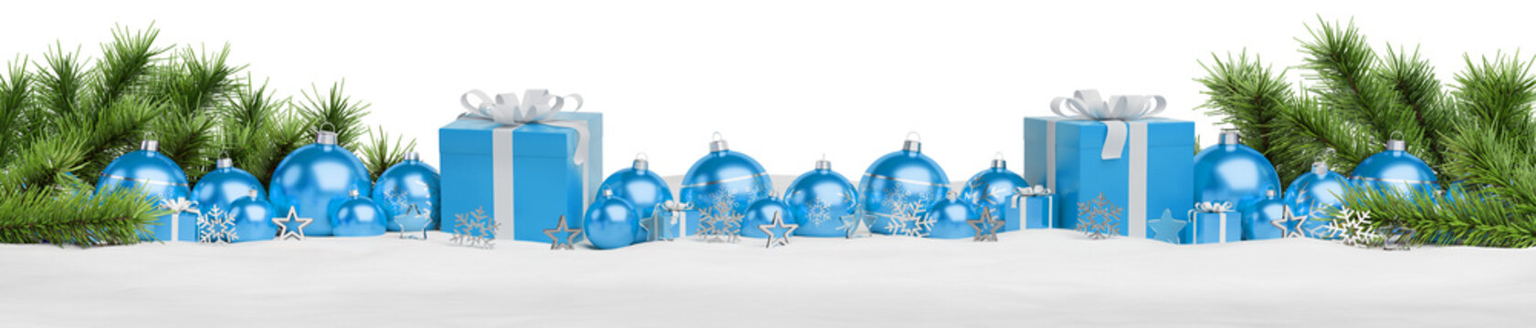 Isolated glossy christmas decoration lined up on white. 3D rendering blue shiny baubles ornaments. Gifts with bows and glossy golden stars. Merry Xmas cut out background