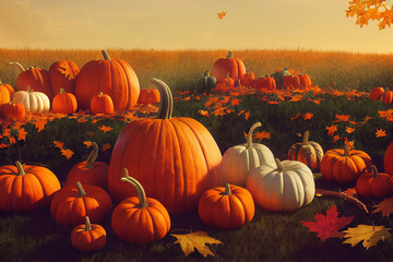Autumn Thanksgiving day background. Pumpkins, gourds, squashes. Beauty Holiday autumn festival concept. Fall scene. Orange pumpkin over beauty bright autumnal nature background. Harvest