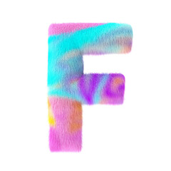 Hairy font, furry alphabet, Colored, fluffy, hairy letter F. 3D rendering