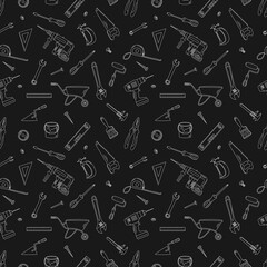 Seamless pattern with building elements. Outline vector illustration in doodle style. Construction tools.