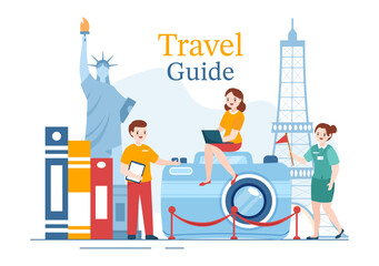 Fototapeta premium Travel Guide and Tour with Showing Interesting Places to Group of Tourist for Planning Vacation in Flat Cartoon Hand Drawn Templates Illustration