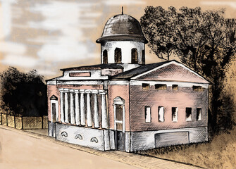Quick drawing. Summer sketch on toned paper of a historic building. Church of the Transfiguration in the center of the city of Tula. Plein air ink and gouache.