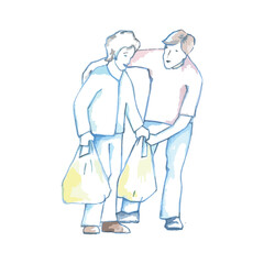 A man helps a woman with heavy bags