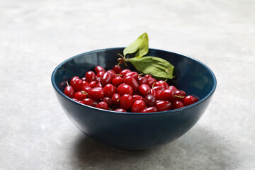 Red ripe dogwood in a blue bowl on a gray background
