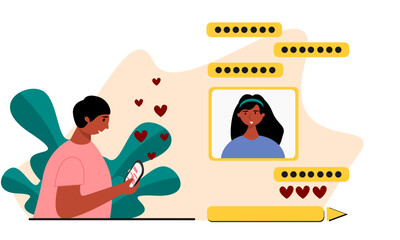 Boyfriend send text to girlfriend ilustration character. A couple sending message to their lover flat design ilustration. Romantic chatting concept.