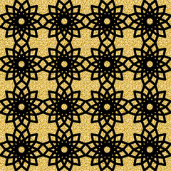 Gold black arabic gorgeous seamless pattern, shimmer glitter black background for design