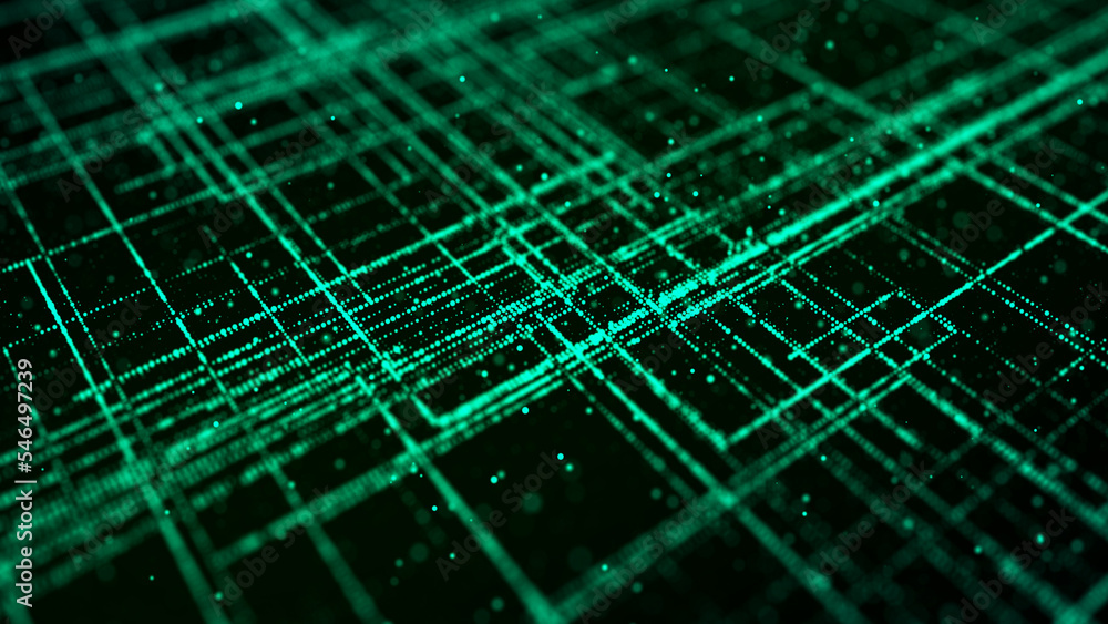 Poster Futuristic circuit board concept. Progressive IT technologies. Digital data flow concept. Big data visualization. 3d rendering.