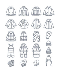 Baby outerwear warm clothes thin line icons. Jackets, coats, snowsuits, hats and mittens. Outline pictograms of kids clothing. Children wardrobe. Basic winter outfit for toddler, little boy or girl © vectorikart