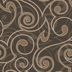 Vector seamless abstract pattern of spirals and abstract shapes in beige tones. Brown vintage seamless texture.