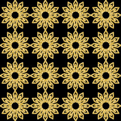 Ornate gold black flower, fantasy flower sparkling shimmer glitter seamless pattern for textile