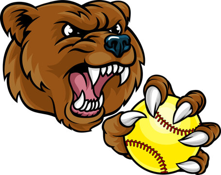 A bear animal softball sports team cartoon mascot