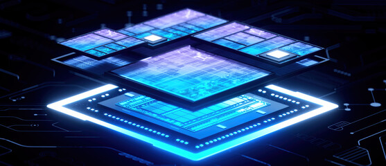 3D rendering of cyberpunk AI. Circuit board. Technology background. Central Computer Processors CPU and GPU concept. Motherboard digital chip. Tech science background.