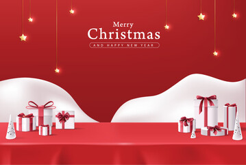 Christmas banner red tablecloth product display with copy space and gift box decorate