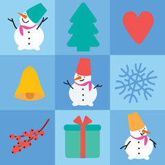 Checkered blue pattern with snowmen and Christmas symbols.